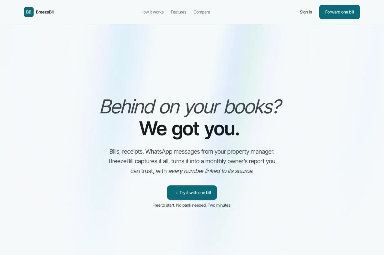 BreezeBill’s published website, introducing bookkeeping for rental property owners.