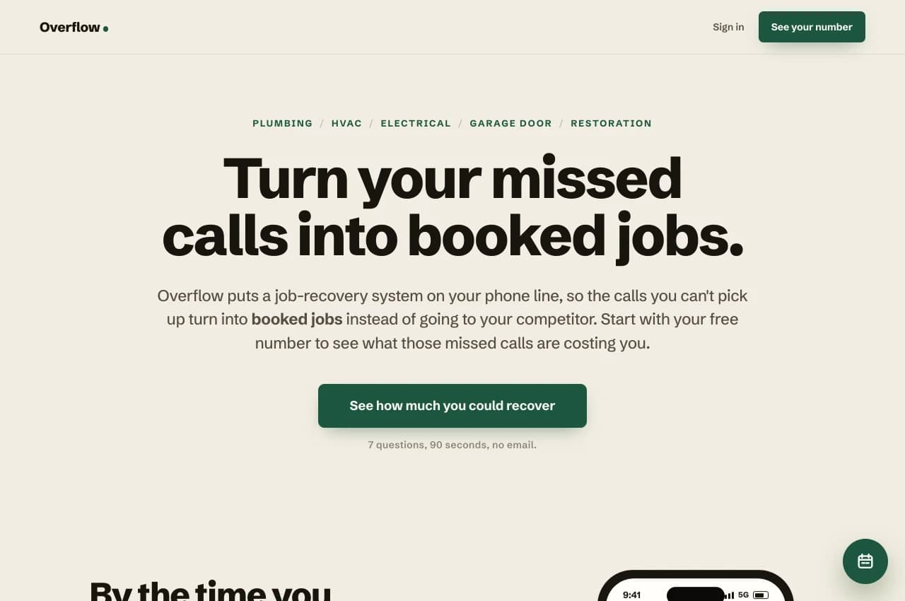 Overflow’s published website, introducing missed-call recovery for home-service businesses.